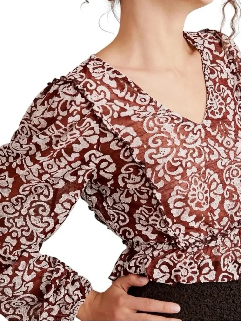Anthropologie Burgundy Floral Lace Peplum Long Sleeve Top